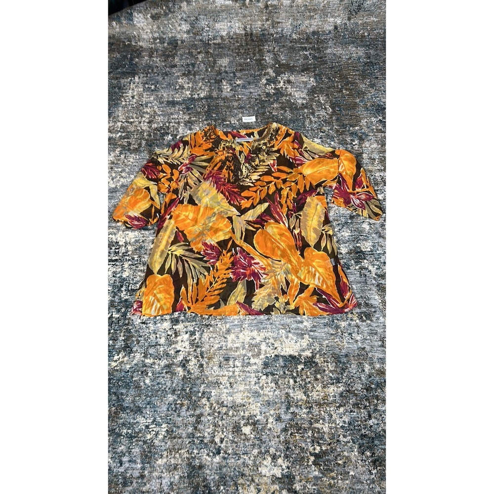 Avenue Tropical Print Beaded Neckline Tunic Blouse Orange Plus Size 18
